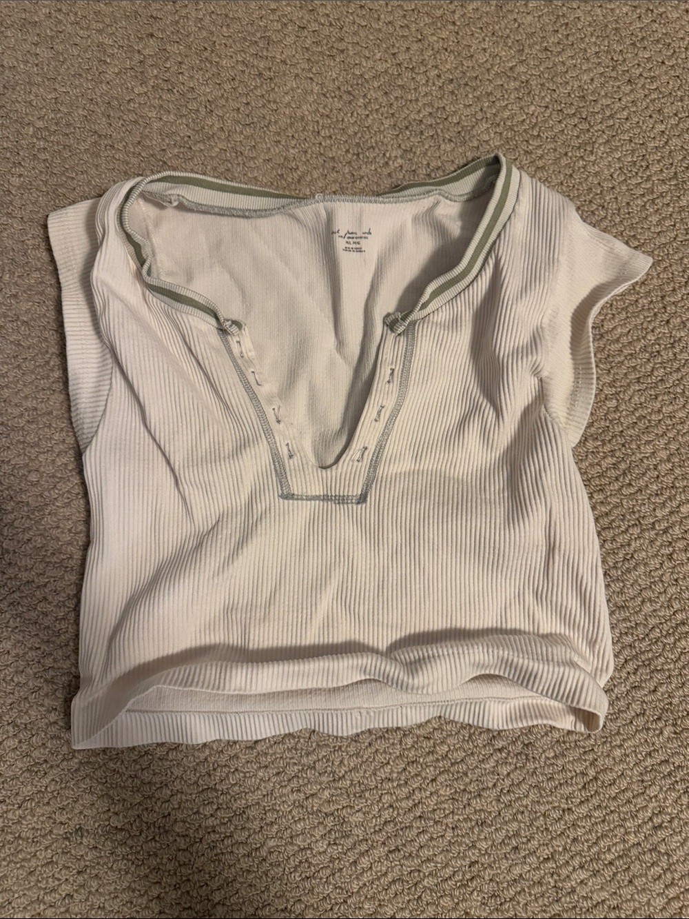 Urban Outfitters White Ribbed V-Neck Crop Top with Sage Trim